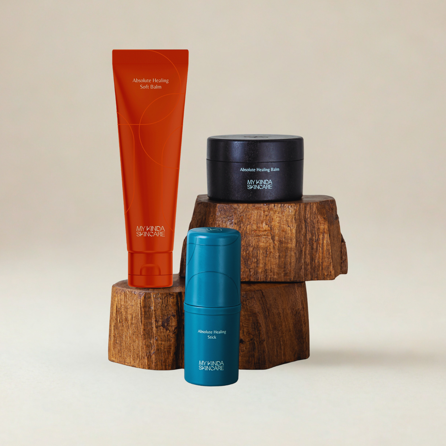 set op houten blokjes- tube, stick en potje met de healing balm